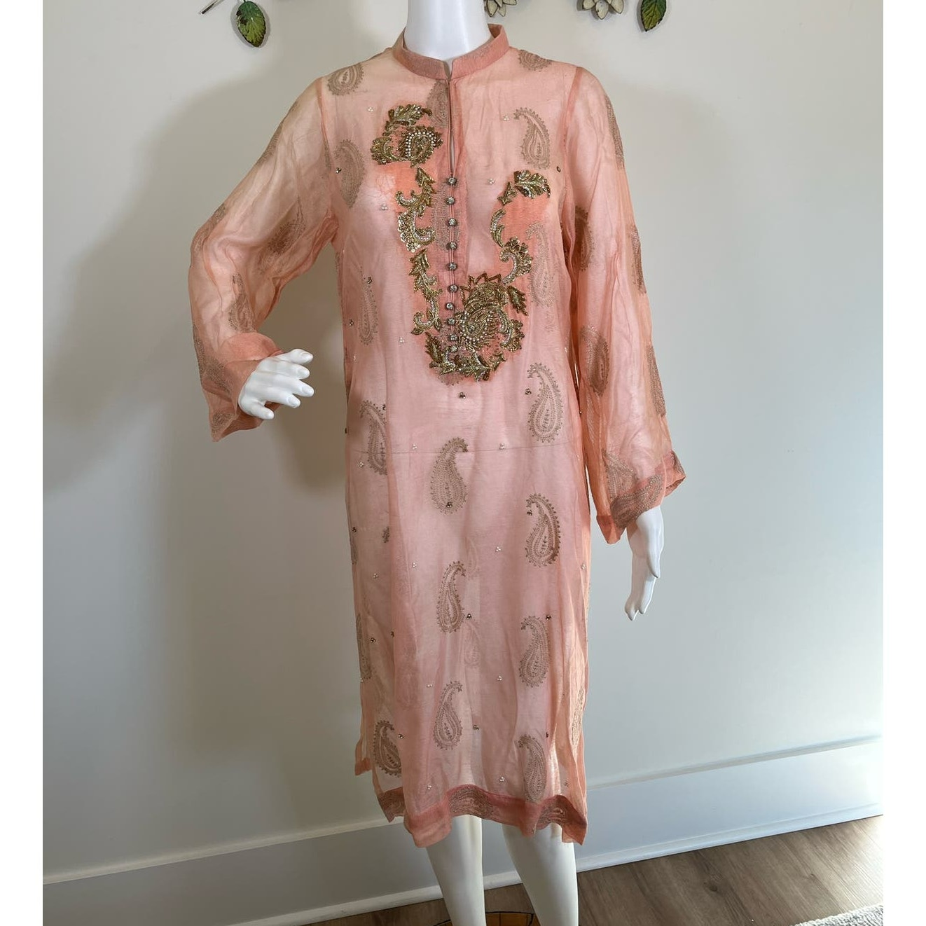 Agha Noor Peach Embroidered Sequin & Jewel Accents Chiffon Dress Size Small